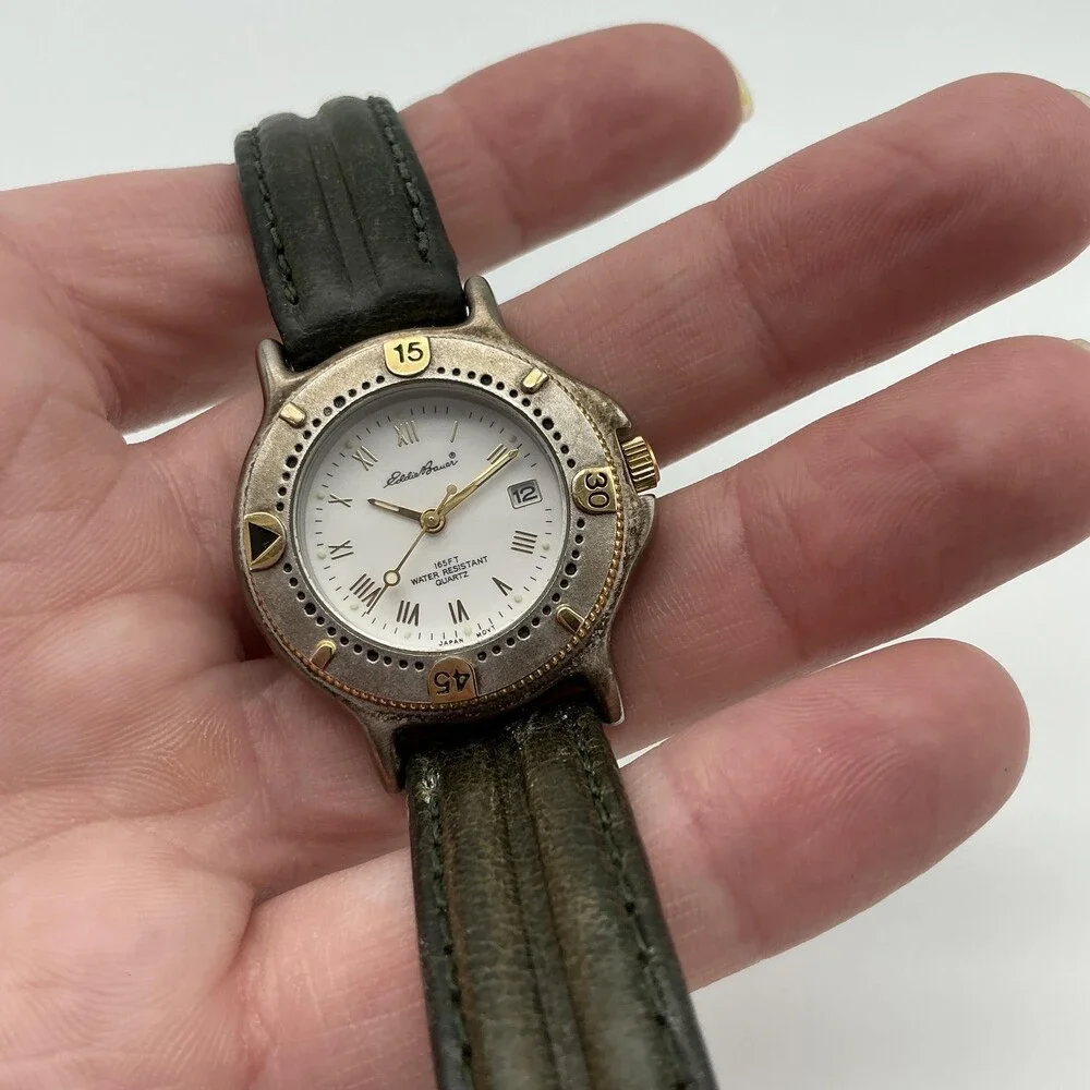 Vintage Eddie Bauer V102 Womens Watch 28mm White Dial Green Leather New Battery